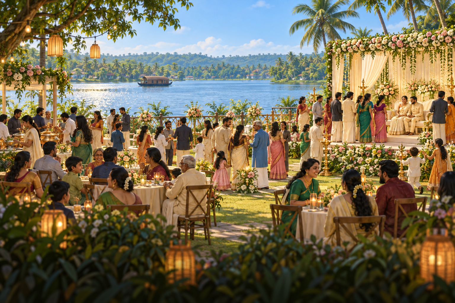 Illustrated outdoor wedding reception with flowers and warm lights